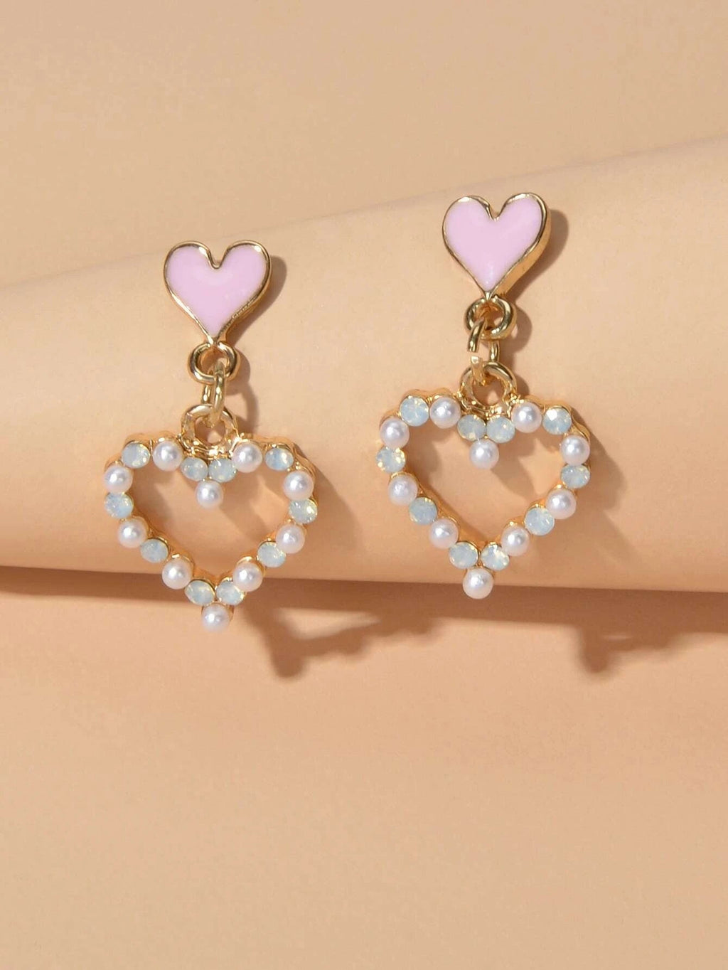 Personality Pink Enamel Pearl Heart Drop Earrings Dainty Gifts for Women Girls-0