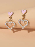 Personality Pink Enamel Pearl Heart Drop Earrings Dainty Gifts for Women Girls-0