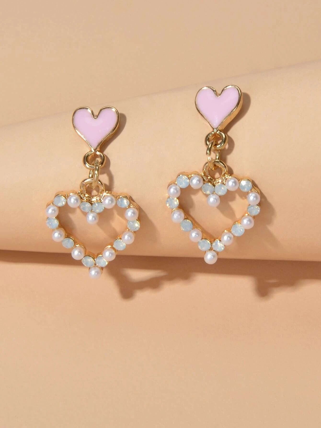Personality Pink Enamel Pearl Heart Drop Earrings Dainty Gifts for Women Girls-0