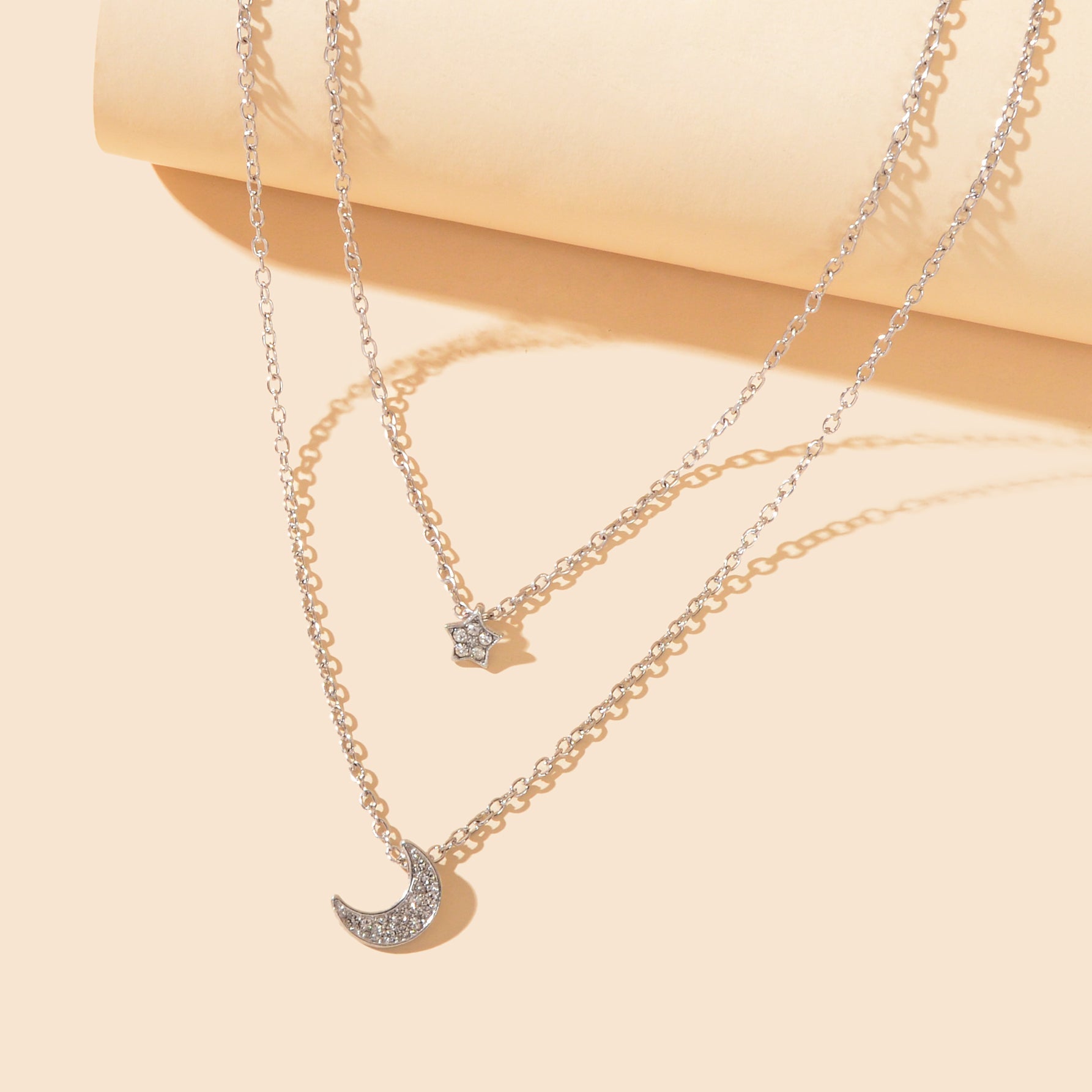 Dainty Silvery Layered Chain Rhinestone Decor Moon Star Pendant Necklace Women Daily Dating Birthday Gift Jewelry-1