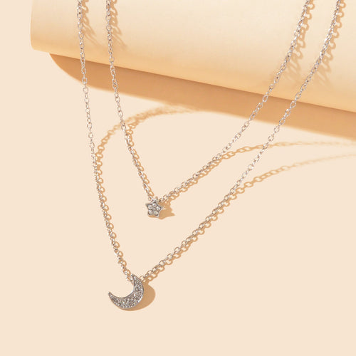 Dainty Silvery Layered Chain Rhinestone Decor Moon Star Pendant Necklace Women Daily Dating Birthday Gift Jewelry-1