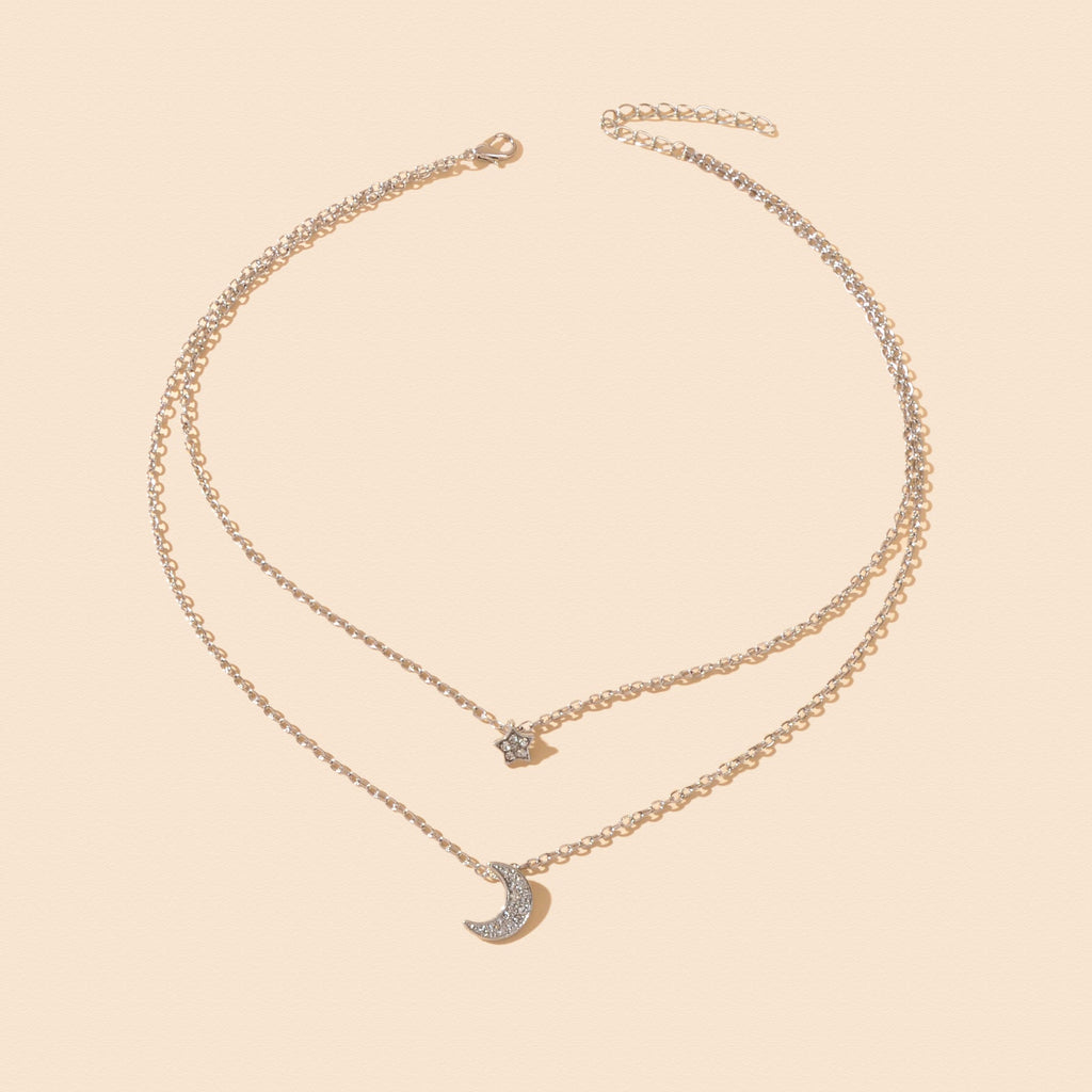 Dainty Silvery Layered Chain Rhinestone Decor Moon Star Pendant Necklace Women Daily Dating Birthday Gift Jewelry-2