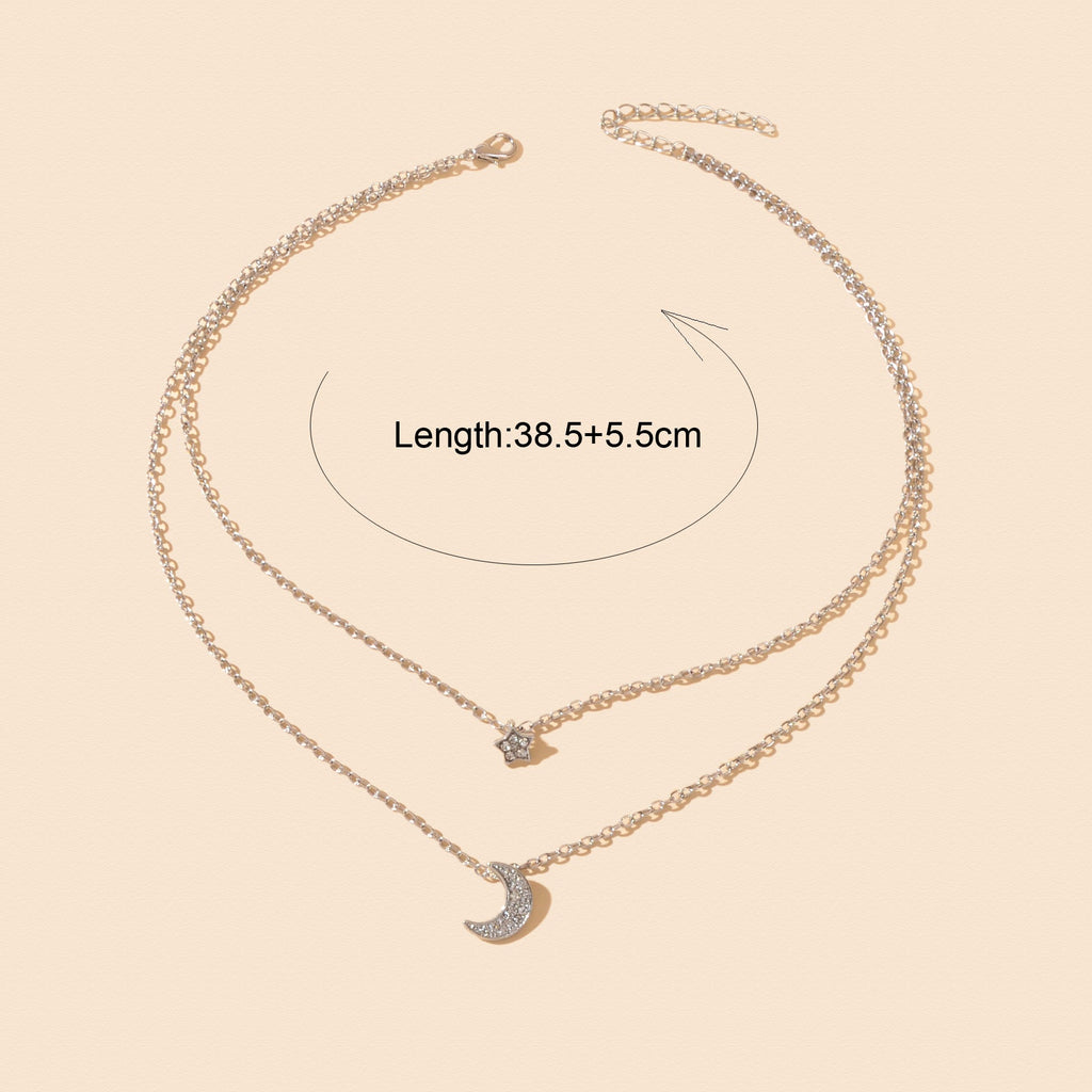 Dainty Silvery Layered Chain Rhinestone Decor Moon Star Pendant Necklace Women Daily Dating Birthday Gift Jewelry-3