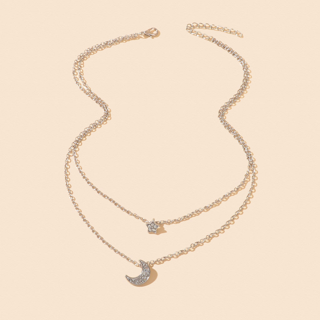 Dainty Silvery Layered Chain Rhinestone Decor Moon Star Pendant Necklace Women Daily Dating Birthday Gift Jewelry-4