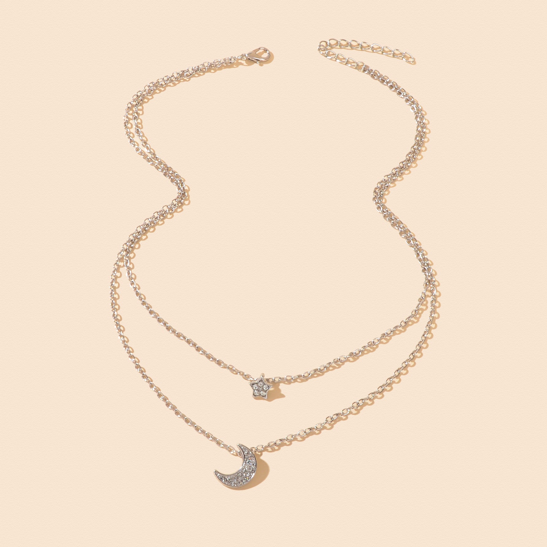 Dainty Silvery Layered Chain Rhinestone Decor Moon Star Pendant Necklace Women Daily Dating Birthday Gift Jewelry-4