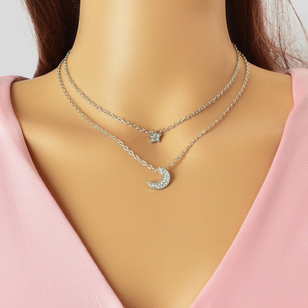 Dainty Silvery Layered Chain Rhinestone Decor Moon Star Pendant Necklace Women Daily Dating Birthday Gift Jewelry-0