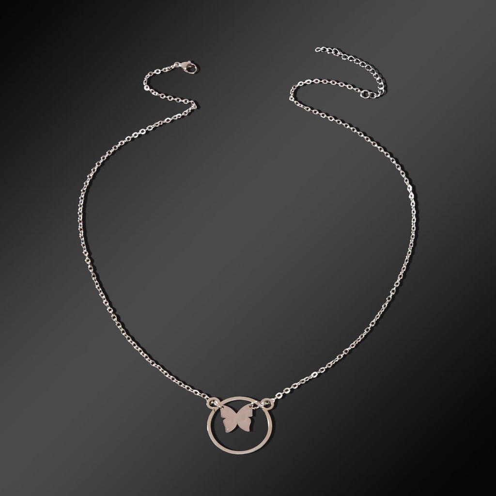 Dainty Party Gift Jewelry Silvery Chain Butterfly Circle Pendant Necklace for Women-1
