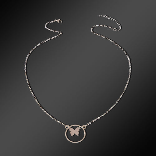 Dainty Party Gift Jewelry Silvery Chain Butterfly Circle Pendant Necklace for Women-1