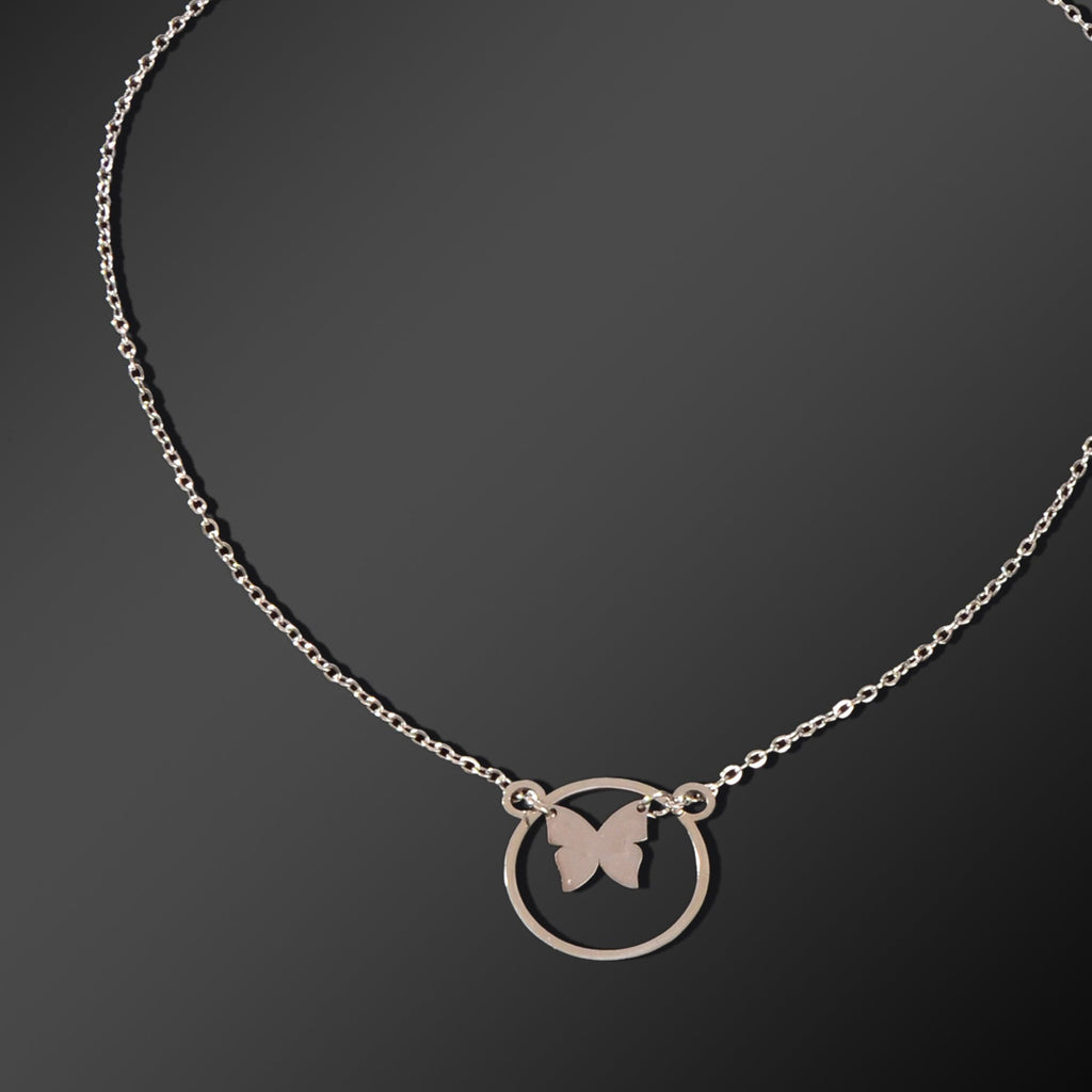 Dainty Party Gift Jewelry Silvery Chain Butterfly Circle Pendant Necklace for Women-2