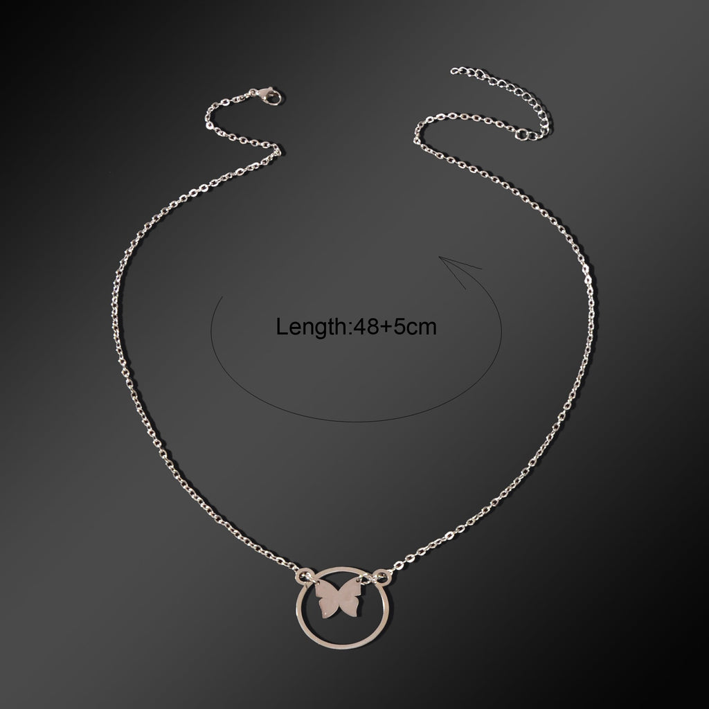 Dainty Party Gift Jewelry Silvery Chain Butterfly Circle Pendant Necklace for Women-3