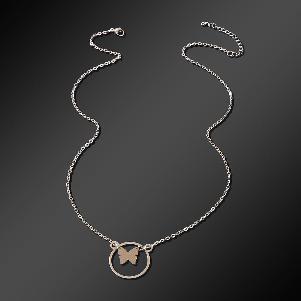 Dainty Party Gift Jewelry Silvery Chain Butterfly Circle Pendant Necklace for Women-4