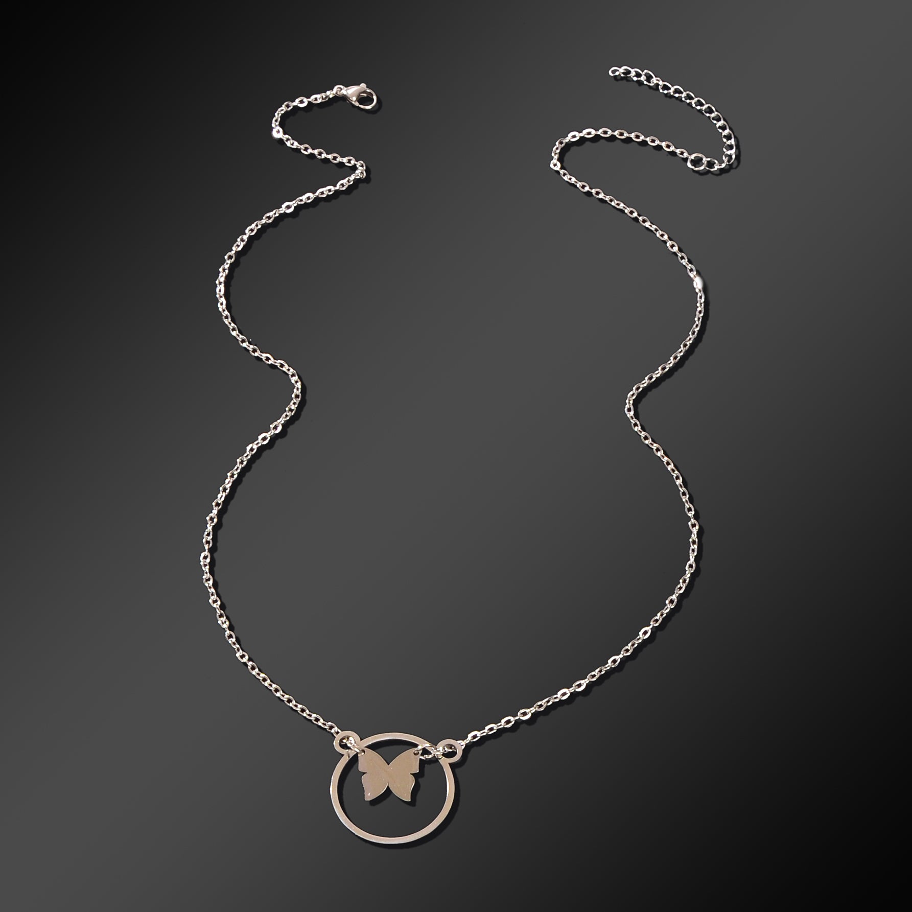 Dainty Party Gift Jewelry Silvery Chain Butterfly Circle Pendant Necklace for Women-4