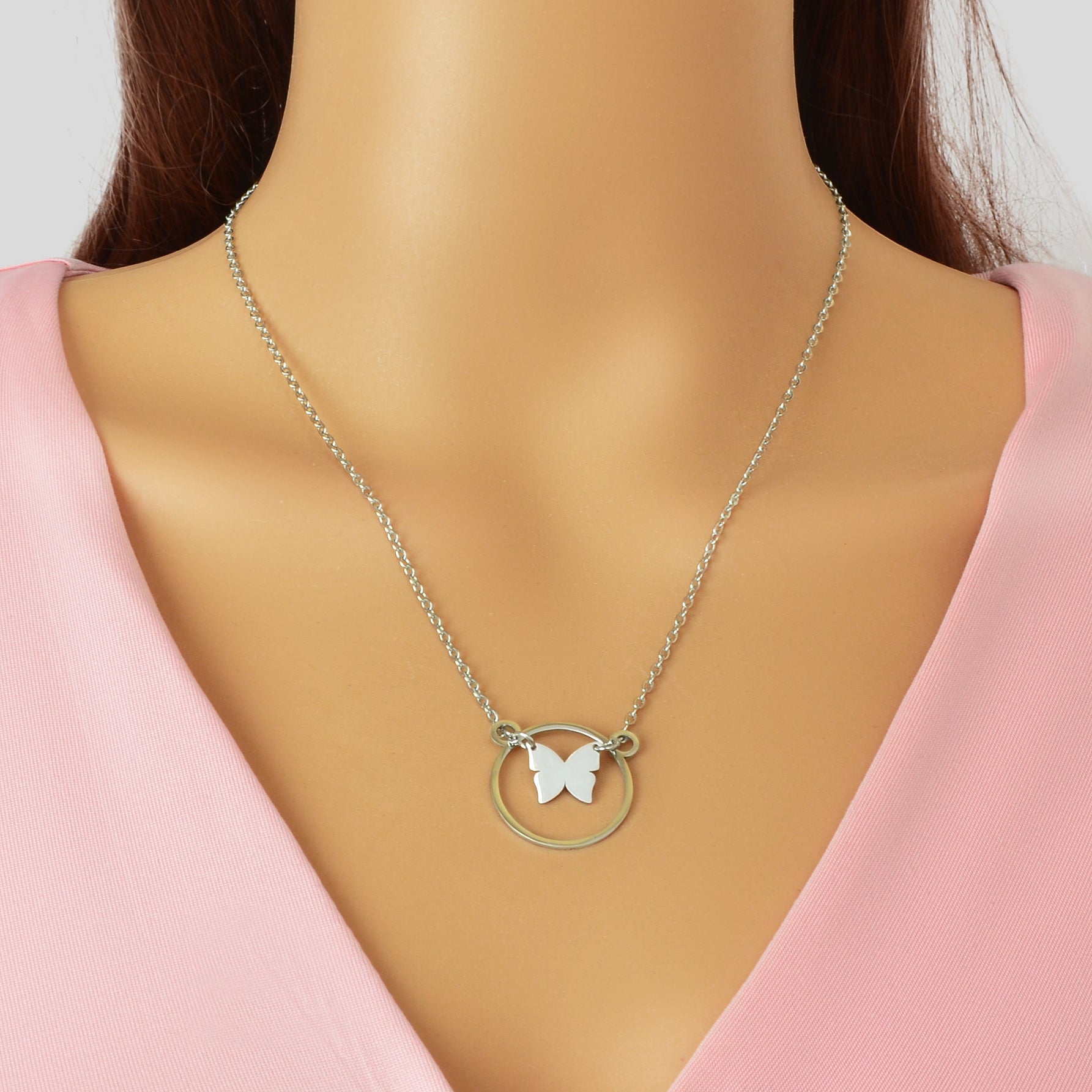 Dainty Party Gift Jewelry Silvery Chain Butterfly Circle Pendant Necklace for Women-0