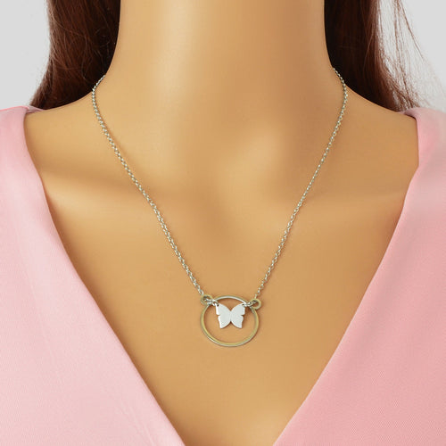 Dainty Party Gift Jewelry Silvery Chain Butterfly Circle Pendant Necklace for Women-0