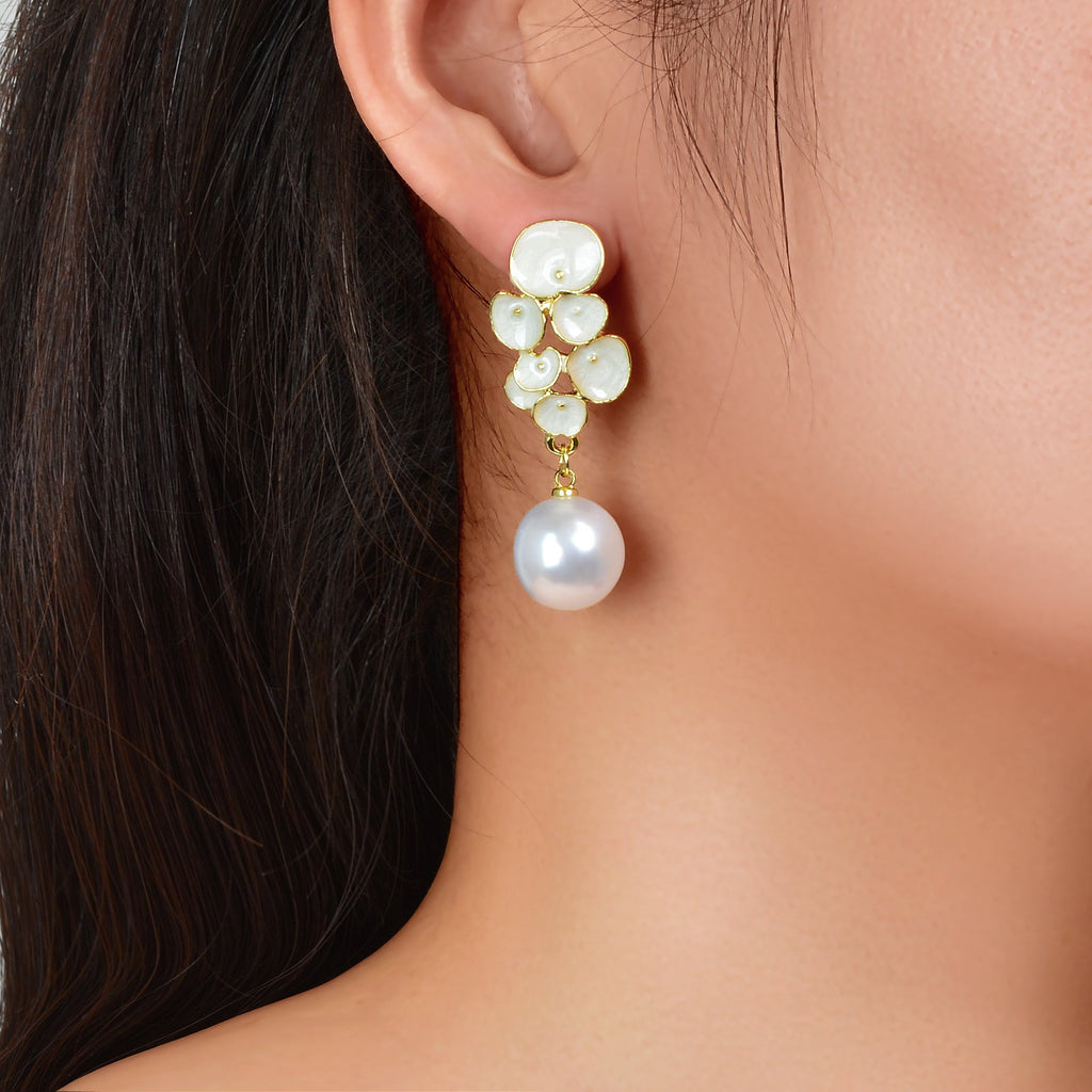 Elegant Imitation Pearl Decor White Enamel Flower Dangle Earrings Party Jewelry-0