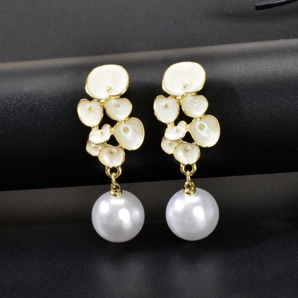 Elegant Imitation Pearl Decor White Enamel Flower Dangle Earrings Party Jewelry-1