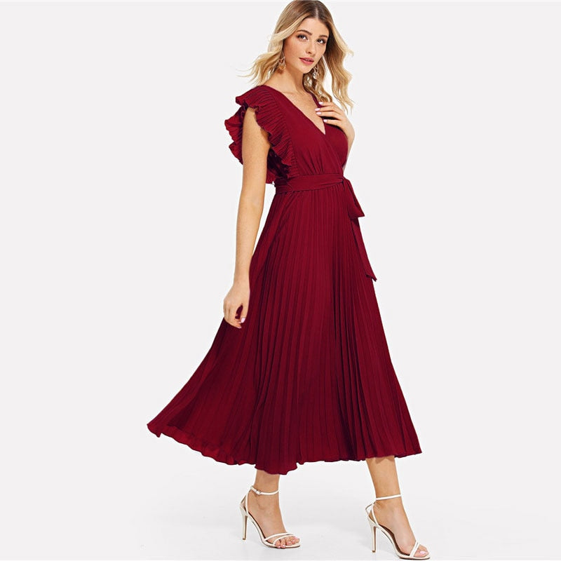Soild Ruffle Trim Wrap Knot Summer Dress With Belt Women Clothes A Line High Waist Maxi Dress Ladies Pleated Dresses-2