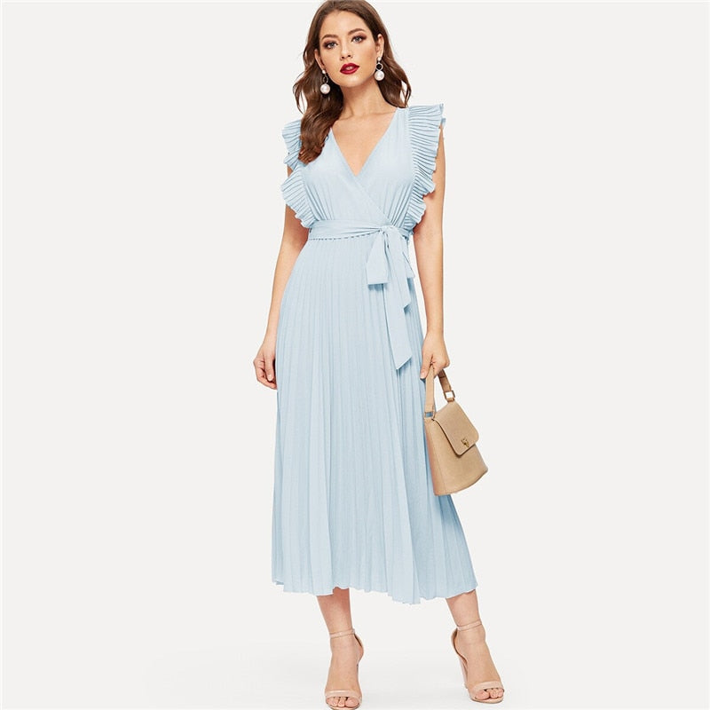 Soild Ruffle Trim Wrap Knot Summer Dress With Belt Women Clothes A Line High Waist Maxi Dress Ladies Pleated Dresses-3