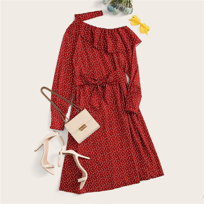 Polka Dot Print Ruffle Trim Cut Out Neck Sexy Dress Women Clothes Spring Glamorous Long Sleeve Belted Midi Dress-0