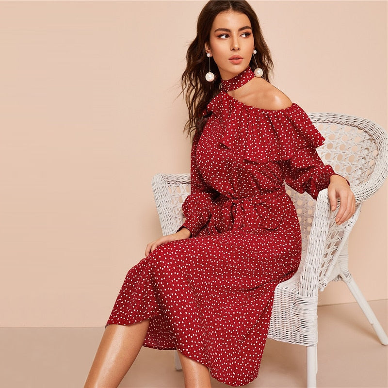 Polka Dot Print Ruffle Trim Cut Out Neck Sexy Dress Women Clothes Spring Glamorous Long Sleeve Belted Midi Dress-2