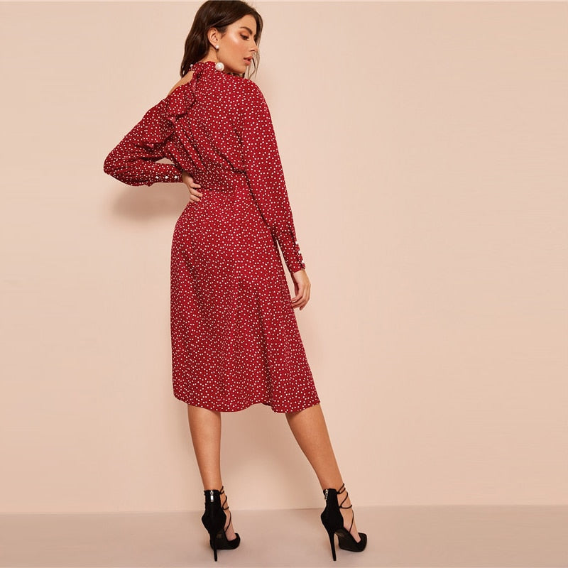 Polka Dot Print Ruffle Trim Cut Out Neck Sexy Dress Women Clothes Spring Glamorous Long Sleeve Belted Midi Dress-4