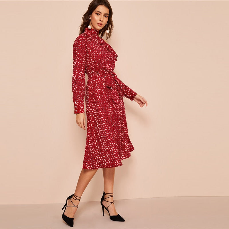 Polka Dot Print Ruffle Trim Cut Out Neck Sexy Dress Women Clothes Spring Glamorous Long Sleeve Belted Midi Dress-3