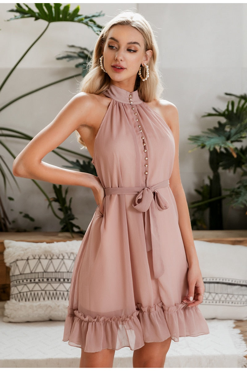 Sexy sleeveless women dress Solid ruffled sash buttons party summer dress-2