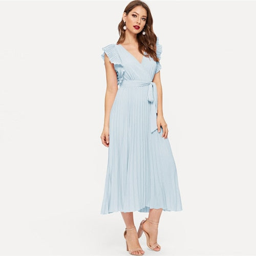 Soild Ruffle Trim Wrap Knot Summer Dress With Belt Women Clothes A Line High Waist Maxi Dress Ladies Pleated Dresses-9