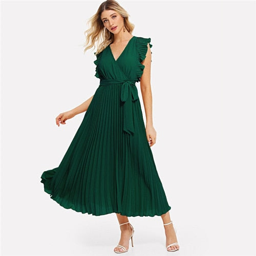 Soild Ruffle Trim Wrap Knot Summer Dress With Belt Women Clothes A Line High Waist Maxi Dress Ladies Pleated Dresses-0