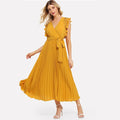 Soild Ruffle Trim Wrap Knot Summer Dress With Belt Women Clothes A Line High Waist Maxi Dress Ladies Pleated Dresses-1