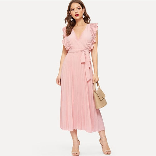 Soild Ruffle Trim Wrap Knot Summer Dress With Belt Women Clothes A Line High Waist Maxi Dress Ladies Pleated Dresses-6