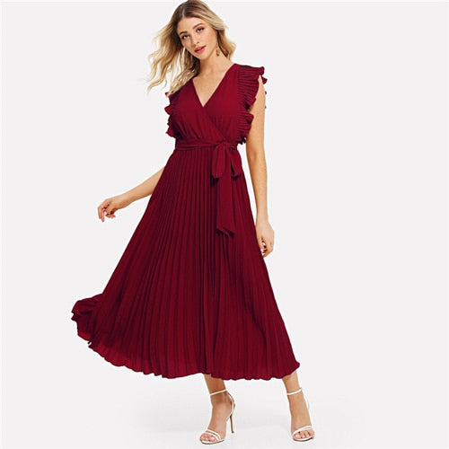 Soild Ruffle Trim Wrap Knot Summer Dress With Belt Women Clothes A Line High Waist Maxi Dress Ladies Pleated Dresses-5