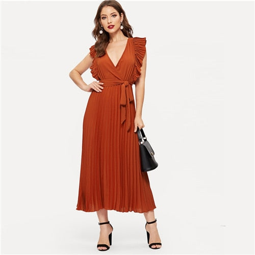 Soild Ruffle Trim Wrap Knot Summer Dress With Belt Women Clothes A Line High Waist Maxi Dress Ladies Pleated Dresses-8
