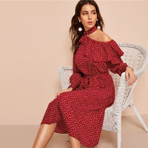 Polka Dot Print Ruffle Trim Cut Out Neck Sexy Dress Women Clothes Spring Glamorous Long Sleeve Belted Midi Dress-1