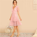 Shoulder Knot Plunging Neck Mesh Lace Dress Women Romantic Sleeveless Deep V Neck Midi Dress A Line Pink Summer Dress-0