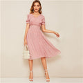 Pink Ruffle Trim Puff Sleeve Shirred Waist Summer Boho Dress Fit and Flare Dress Women Elegant Empire Long Dresses-0