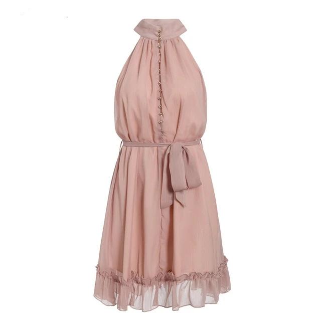 Sexy sleeveless women dress Solid ruffled sash buttons party summer dress-0