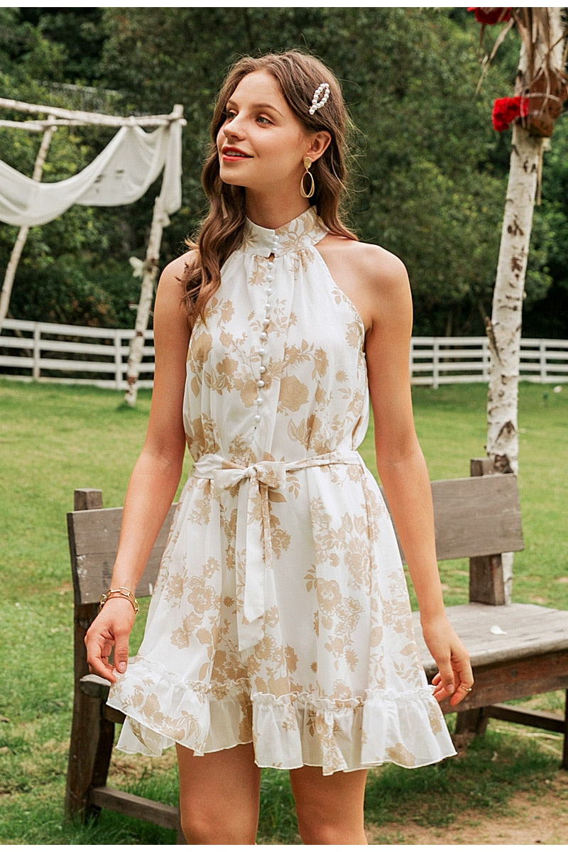 Sexy sleeveless women dress Solid ruffled sash buttons party summer dress-3