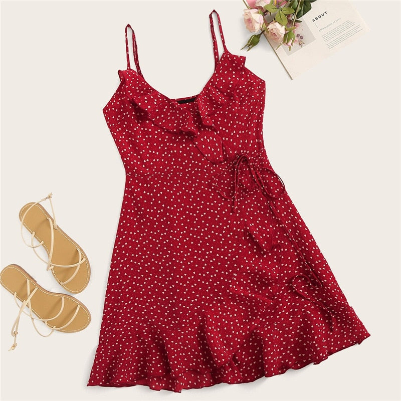 Ruffle Detail Self Tie Wrap Slip Mini Dress Women Boho Sleeveless V Neck Summer Dress Ladies Slim Beach Dress-1