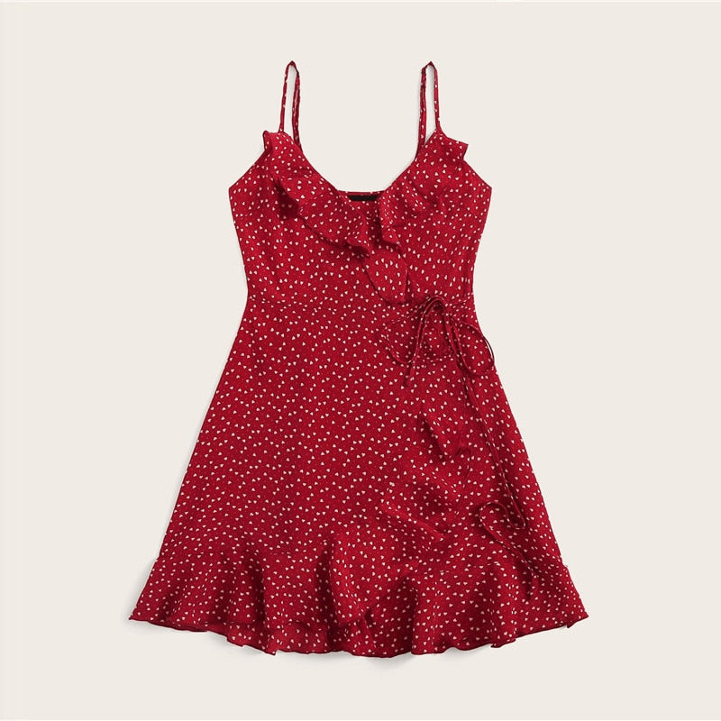 Ruffle Detail Self Tie Wrap Slip Mini Dress Women Boho Sleeveless V Neck Summer Dress Ladies Slim Beach Dress-3